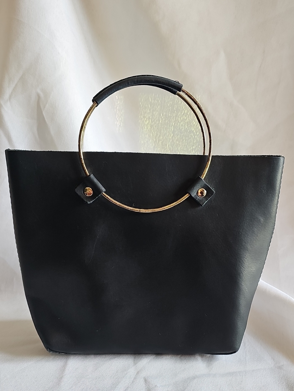 Tribe Alive Black Leather Tote with Gold Ring Handles